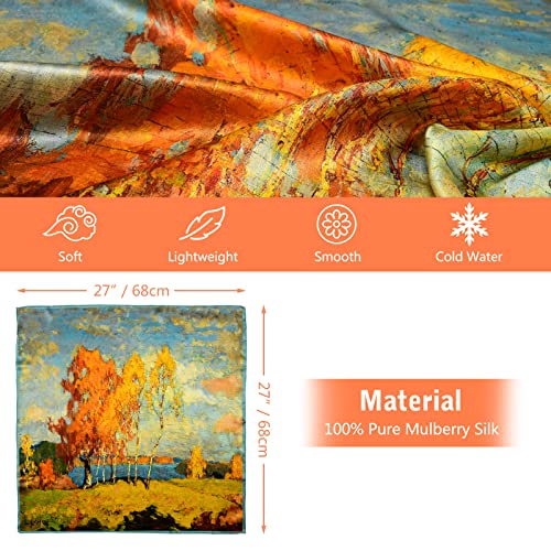 Stlvoll 100% Silk Head Scarf for Women - 27" Hair Scarves Satin Bandanas Square for Night Sleeping with Gift Packed - color: Yellow/Oil Painting