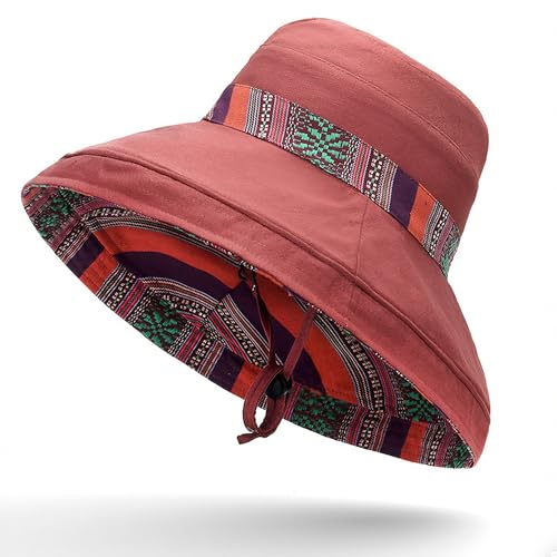 Wide Brim Sun Hat for Women Reversible Beach Hats Metal Wired Edge Gardening Hats, UPF 50+ Bucket Summer Hat - color: Reddish Brown Boho-style