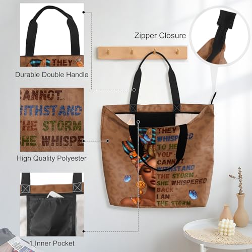 African American Women Tote Bag Black Shoulder Handbag For Women Fit Work Beach Labtops With Zip - color: Black Women 11