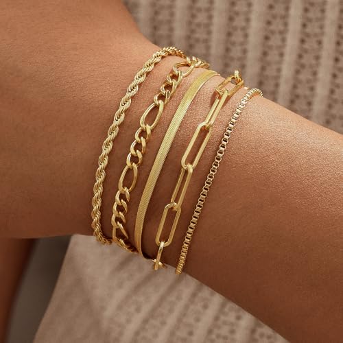 Gold Bracelets for Women, 14K Gold Plated Stackable Bracelet Stack Set Adjustable Charm Paperclip Chain Snake Link Layered Waterproof Jewelry Sets Gifts - style: Bracelets Set /1