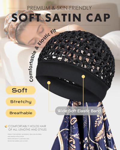 Satin Scarf Hair Net Bonnet - 2 in 1 Wrap Cap for Silk Press & Sleeping, Soft Headband Hair Net and Silk Scarf for Women - color: Navy Flower