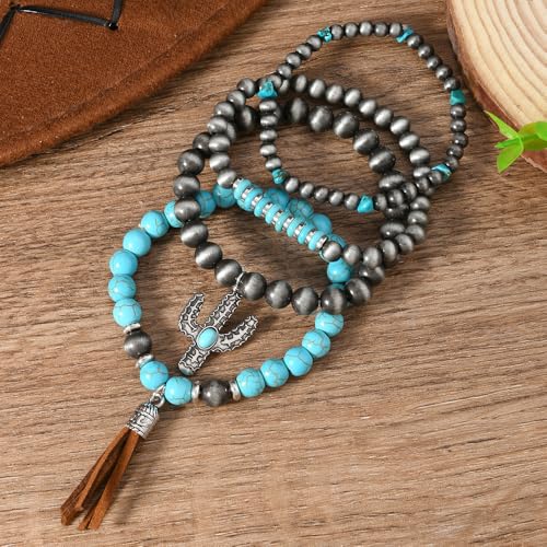 Western Turquoise Beaded Bracelet Stack - Vintage Cowgirl Stretch Set with Bull Skull, Feather & Boot Charms, Handmade Boho Jewelry for Rodeo, Country Concerts & Casual Western Outfits - style: Cactus