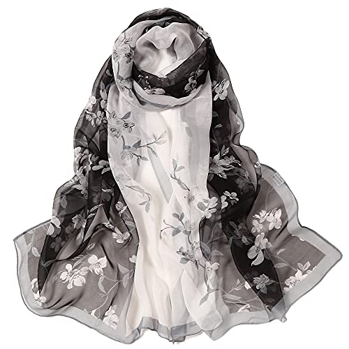 YOUR SMILE Ladies/Women's Lightweight Floral Print/Solid Color mixture Shawl Scarf For Spring Summer season - color: Black Blossom