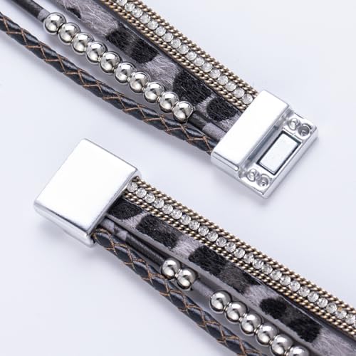 FANCY SHINY Boho Leather Wrap Bracelet Stackable Infinity Chunky Cuff Bracelets Western Hippie Outfits Jewelry Valentine Gifts for Women - color: Grey Leopard