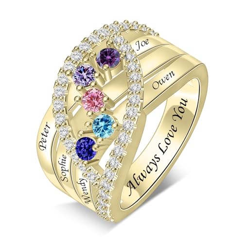 Personalized Name Family Rings Custom 1-6 Birthstones Mother's Rings Sterling Silver Promise Ring for Mother's Day Daughter Grandma Women - color: 5 stones