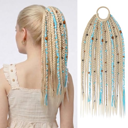 SEIKEA Boho Braided Ponytail Extension on Hair Tie, 16" Full Volume Lightweight Viking Dreadlock Ponytail Braid in Dreadlock Extensions with Beads and Shells, Festival Hair Accessories for Women Girls - color: Platinum with Aqua Pop