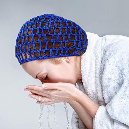 Geyoga 4 Pieces Mesh Crochet Hair Net Rayon Knit Snood Hat Thick Short Women Hairnet Snoods Cover Ornament for Sleeping(Blue) - color: Blue