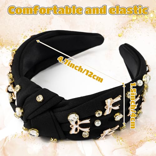 PANTIDE Black Bow Jeweled Knotted Headband - Rhinestone Crystal Pearl Embellished Headband Wide Top Knot Non Slip Hairband Accessories Bachelorette Wedding Birthday Gift for Women Girl (Black) - color: Black Bow