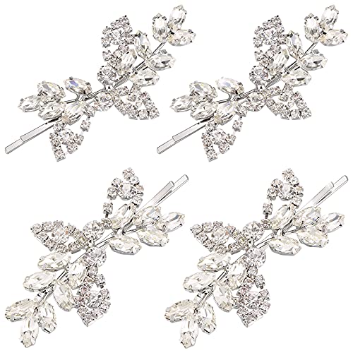 Waydress 4 Pcs Rhinestone Hair Clip Wedding Bridal Hair Barrette Decorative Leaf Crystal Side Hairpin Accessories for Women(Rhinestone Style,Silver) - color: Silver