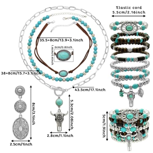 3 Pcs Layered Western Jewelry Set for Women Boho Turquoise Beaded OX-Head Necklaces Western Cactus Cowboy Chic Earrings Rustic Cowgirl Stack Bracelets Country Concert Outfits Accessory - color: Silver Concho OX-Head