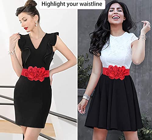 ALAIX Women's Wide Belt Stretchy Chunky Waist Belt Dress Belts Big Flower Cinch Belts Elastic Belts for Women - color: Red, size: Fits Waist (25~29 inches)