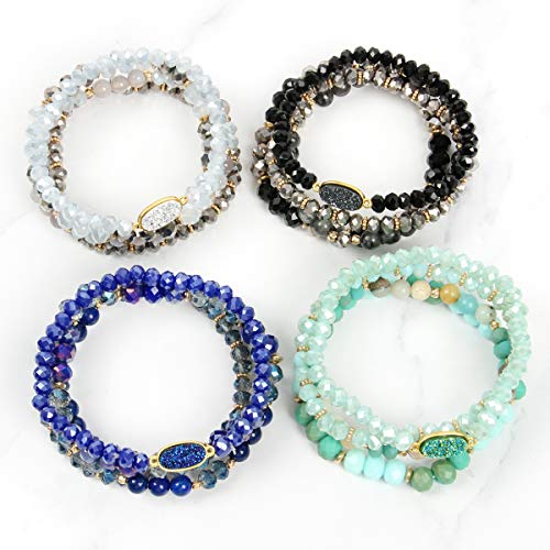 RIAH FASHION Bohemian Acrylic Druzy Multi-Layer Bead Statement Bracelet - Versatile Faux Stone Pendant Stretch Strand Stackable Cuff Bangle Set Sparkly Crystal - color: Oval Acrylic Druzy - Purple