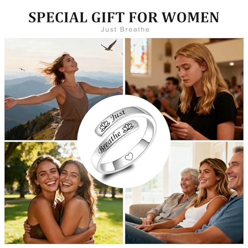 Sonateomber Gold Silver Faith Open Rings for Women ，Adjustable Minimalist Personality Encouragement Hope Love Healing Promise Ring Wedding Festival Accessories Fashion Jewelry Gift - color: Just Breathe