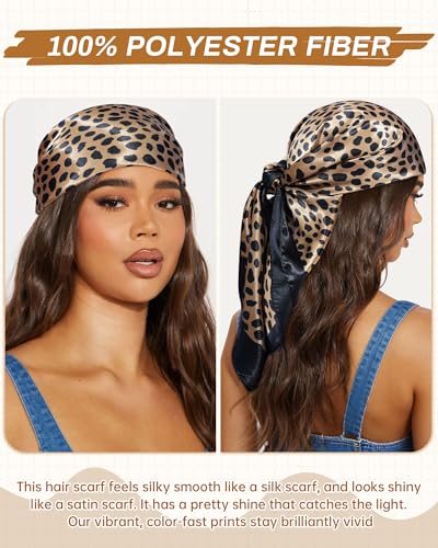 Mesovor 35” Square Head Scarf for Women, 3 Pack Like Silk Satin Headscarf Hair Neck Scarf Top Bandanas for Sleeping - color: Leopard(beige/Brown/Black)