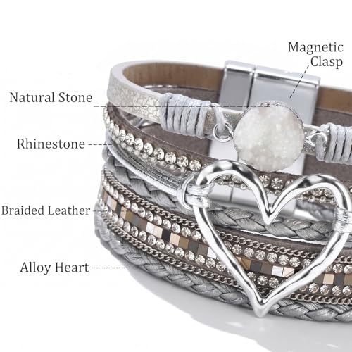 Long tiantian Leather Bracelets for Women Warp Bracelet Stackable Boho Layered Bracelet Chunky Heart Trendy Birthday Gifts for Her - color: A10：chunky bracelets for women(silver)