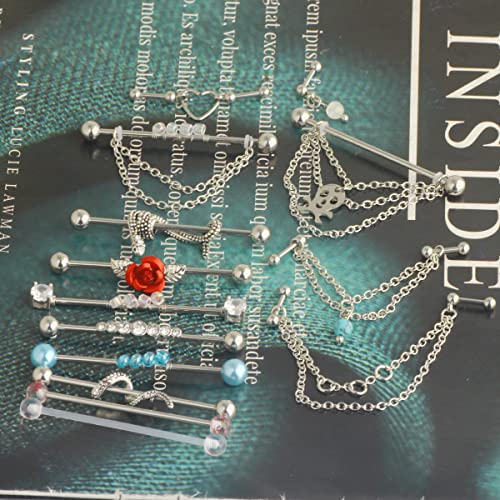 Suotarn 14G Industrial Piercing Jewelry For Women Men Stainless Steel 38 Industrial Barbell Long Cartilage Helix Conch Earrings Stud 14G Gauges Industrial Jewelry Butterfly Heart Cool 7-18pcs - color: Set # 5