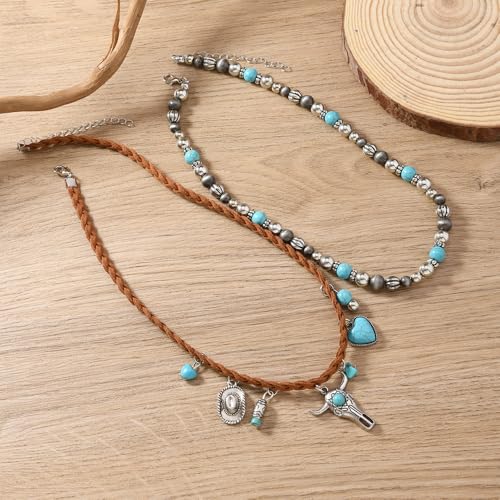 ONLYJUMP Boho Turquoise Leather Choker Necklace for Women Bohemian Handmade Leaf Layered Black Brown Suede Western Cowlady Necklace Western Country Party Jewelry Gifts - style: Ox heart