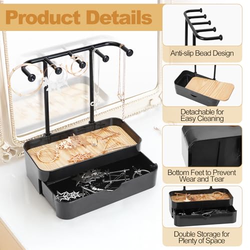 Jewelry Organizer Stand, 2-Tier Necklaces Holder with Wooden Tray and 5 Storage Hooks, Earring Holder with 5 Pcs Jewelry Bags for Bracelet,Chains,Rings,Earrings,Keys Watches (Black) - color: Upgraded Black