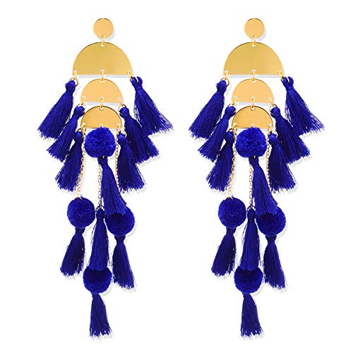 Long Tassel Earrings for Women Colorful Fringe Drop Dangle Earrings Bohemian Hawaiian Summer Beach Jewelry for Womens Vacation Outfits - color: Royal Blue