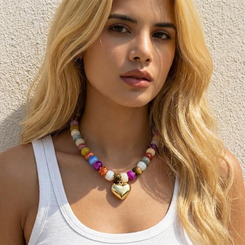 Elegance 11 designs Chunky Heart Necklace for Women, Colorful Acrylic Beaded Statement Puff Heart Necklace, Cute Boho Y2K Choker Necklace for Gift Jewelry - color: Gold Heart Pendant Necklace