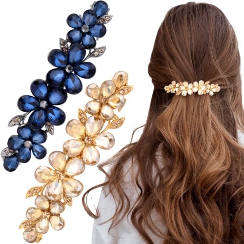 Joez Wonderful Rhinestone Hair Clip Sparkly Crystal Barrettes French Wedding Prom Engagement Pageant First Communion Hair Decorative Accessories for Women Long Hair (Flower Blue, Champagne 2 Pcs) - color: Flower Champagne, Blue