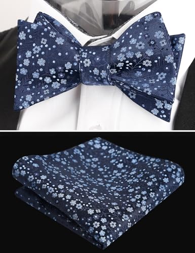 Alizeal Mens 2pcs Classic Floral Pattern Self-tied Bow Tie and Handkerchief Set - color: 045-navy+light Blue