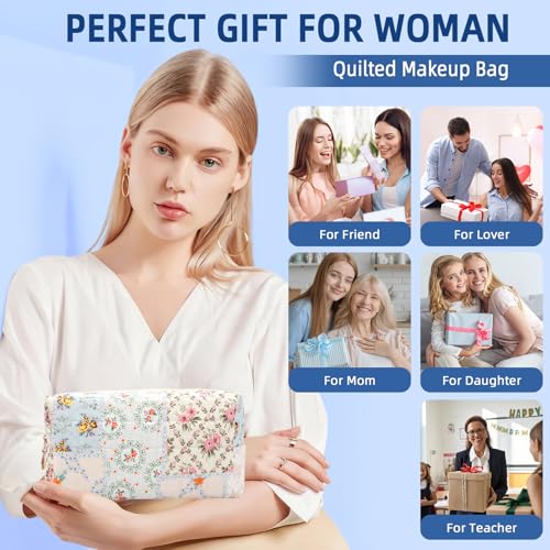 Small Makeup Bag Quilted Cosmetic Bag Floral Travel Toiletry Bags for Women Cute Pencil Case Quilted Makeup Pouch Aesthetic Coquette Cosmetic Pouch Cotton Make Up Bags Cute Zipper Pouches Blue - color: Ab-flower bee
