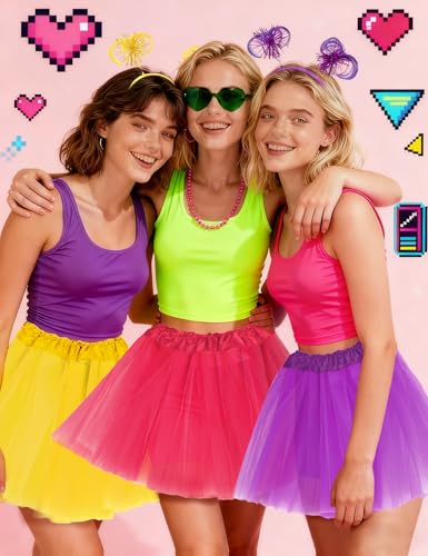 80s Tutu Costume Accessories Set for Women, Tutus Skirt Ponytail Headband Necklace Sunglasses, Party Halloween - color: Hot Pink
