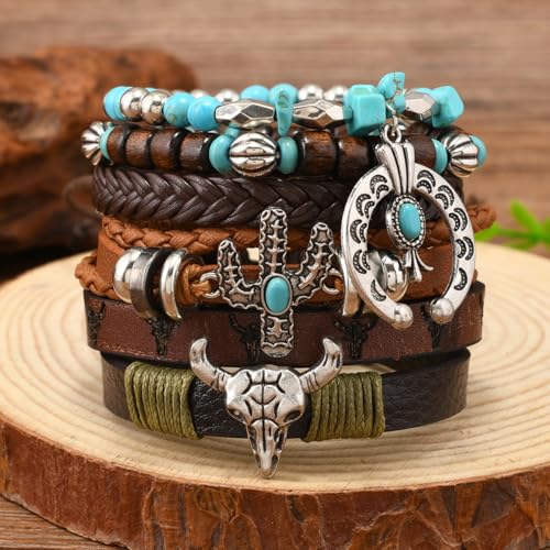 Western Outfit for Women Bohemian Vintage Stackable Turquoise Bracelet Rustic Beaded Cow Head Charm Stretch Bracelet Western Jewelry Country Concert Outfits for Women - style: Style7