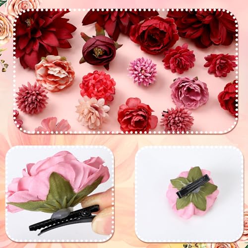 BBTO 21 Pcs Flower Hair Clip Rose Hair Clips Barrettes for Women Flower Accessories Boho Bride Claw Clip Hairpin Brooch Pin Headpiece for Wedding (Red Series) - color: Red Series