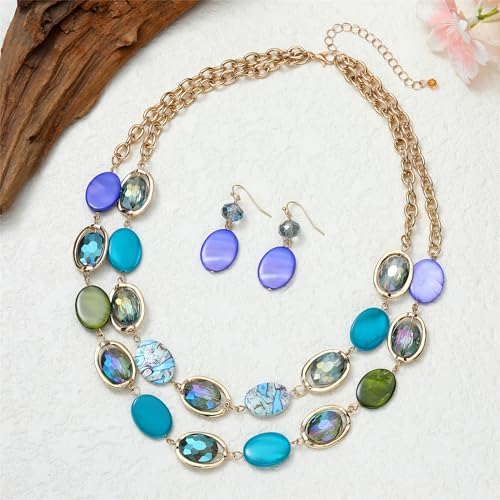 2 Layered Chunky Beaded Shell Necklace for Women Sea Shell blue/yellow/red/green/turquoise/teal/white Statement Necklace and Earring Set Elegant Women Necklace Set Jewelry Sets for Women - color: multi-color