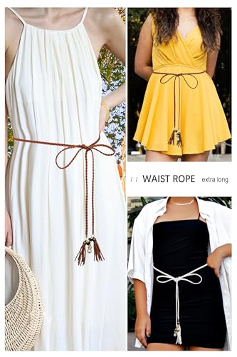 TeeYee Waist Belt Woven Knitted Rope/Chain PU leather 3 Pieces Tassel Rope Skinny Belt - color: 257beigetancoffee