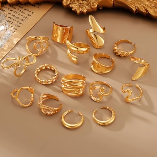 IFKM Gold Chunky Rings Set for Women 14k Gold Plated Thick Dome Stackable Open Rings Trendy Dainty Minimalist Jewelry Gifts - color: Gold, style: Geometric metal wind