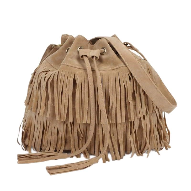Fringe Hobo Purse Bags for Women Crossbody Purses with Drawstring Ladies Tassel Tote Shoulder Bucket Handbags,Khaki - color: Khaki (Barrel Shape)