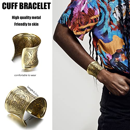 SONNYX 2 PCS Cuff Bracelets for Women Vintage Ethnic Wide Open Chunky Gold Silver Wrist Cuff Warp Bracelets for Cosplay or Belly Dance - color: GOLD 2