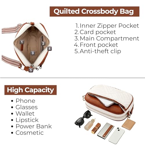 Vantamo Premium Quilted Crossbody Bags for Women with Anti-Pickpocket Clip, Vegan Leather Handbags, Travel Purses for Women - color: White & Brown With Jacquard Strap