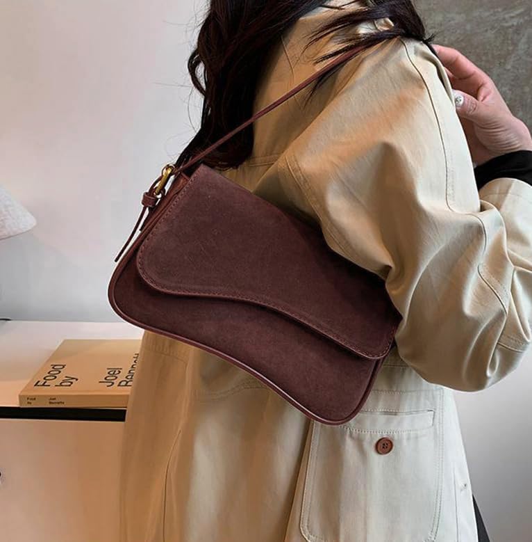 Women's Shoulder Bag Suede Handbag Underarm Purse Tote Bag Brown Suede Purse Y2K Crossbody Bag with Removable Strap - color: Coffee