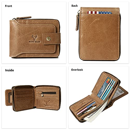 MING CLAN Men's Zipper Wallet, Tobacco Leather, RFID Blocking, Big Capacity, Flap ID Window, 12 Credit Card Slots, 2 Bill Compartments, 2 Vertical Pockets - color: Tobacco