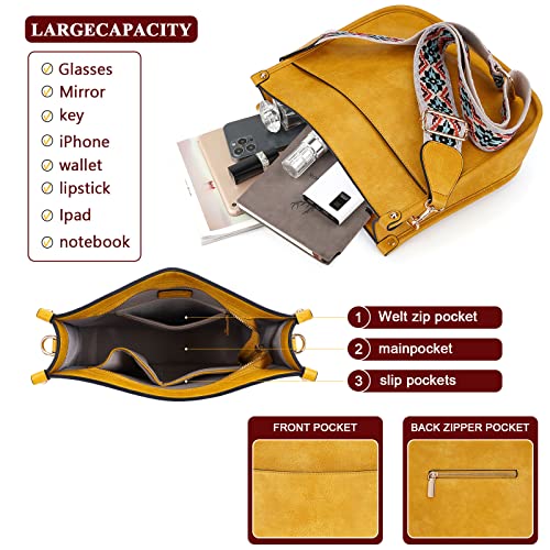 HKCLUF Crossbody Bag Purse for Women 2PCS/Set Leather Hobo Handbag Wallet Set With 2Adjustable Guitar Strap Shoulder Bag | Purse - color: A16-yellow