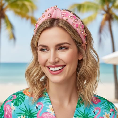 PANTIDE Flamingo Jeweled Knotted Headband - Summer Flamingo Rhinestone Embellished Headband Non Slip Wide Top Knot Hairband Hair Accessories Hawaii Beach Pool Party Birthday Gift for Women Girl (Pink) - color: Pink Flamingo