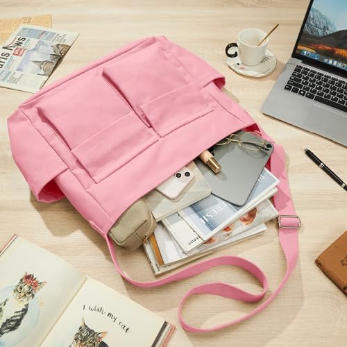 KALIDI Canvas Tote Bag Large Hobo Crossbody Shoulder Handbag Zipper Messenger Bag for Women or Men Casual College Work - color: Upgraded Pink