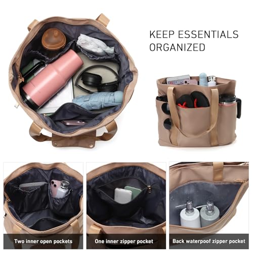 Waterproof Tote Bag with Zipper Foldable Beach Bag for Travel - color: Brown