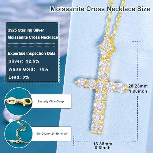 YIMERAIRE Upgraded Moissanite Crown Cross Necklace 14K Gold Vermeil 1.1 Carats Dainty Iced Out Easter Basket Stuffer Cross Jewelry S925 Sterling Silver Simple Gold Christian Faith Moissanite Cross Pendant Necklace For Women - color: 14k Gold Vermeil Slim