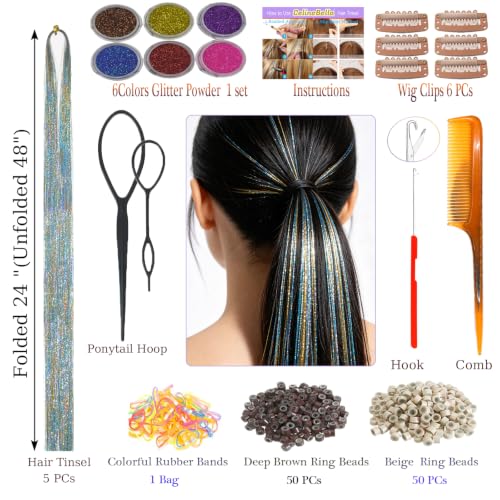 Celinebella Gold Turquoise Hair Tinsel, 48" 1250 Strands Ice Crystal | Ombre gold turquoise ice crystal effect, multi-tone shimmer, heat resistant, ideal for wedding prom cosplay & fantasy events - color: 09-Gold Turquoise, size: 48 Inch Pack of 5Pcs