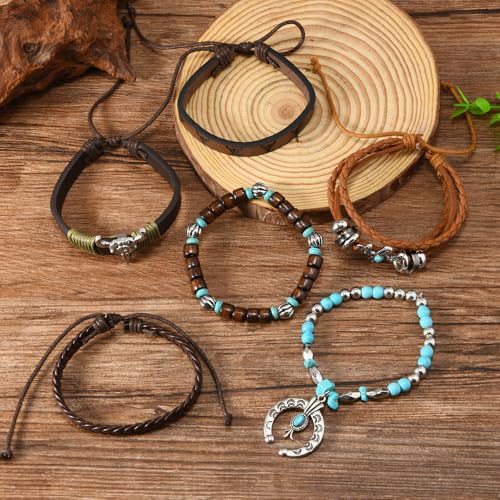 Western Outfit for Women Bohemian Vintage Stackable Turquoise Bracelet Rustic Beaded Cow Head Charm Stretch Bracelet Western Jewelry Country Concert Outfits for Women - style: Style7