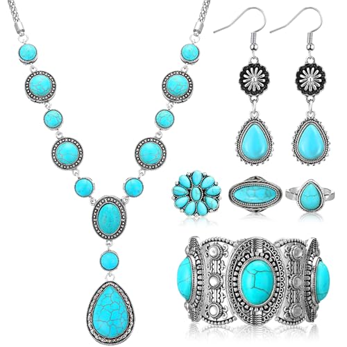 Ecally Bohemian Western Jewelry Turquoise Set Women Country Pendant Long Choker Layered Bracelets Earrings Ring for Women - color: Turquoise, style: Retro