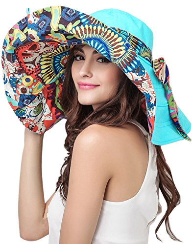 Women's Foldable Floppy Sun Hats Reversible Vacation Beach Cap Summer Wide Brim UPF 50+ Travel Fishing Bucket Hat - color: Blue