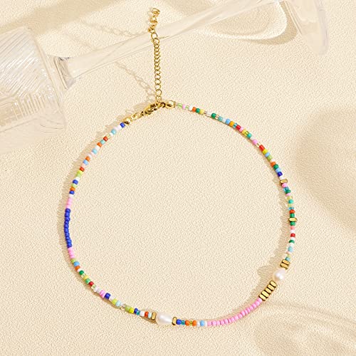 Wellike Freshwater Pearl Beaded Necklace for Women Handmade Boho Colorful Glass Beads Choker Necklace Stainless Steel 18K Gold Plated Bohemian Women Summer Jewelry Gifts - color: KKWX920AMZ