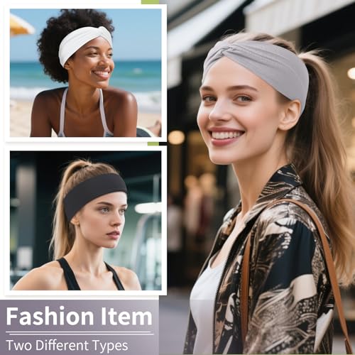 12 Pcs Stretchy Headbands for Women, Absorbed Sport Headband Soft Twist Knotted Hairbands for Daily Life Yoga Workout(Black/Grey/White) - color: Black/Grey/White