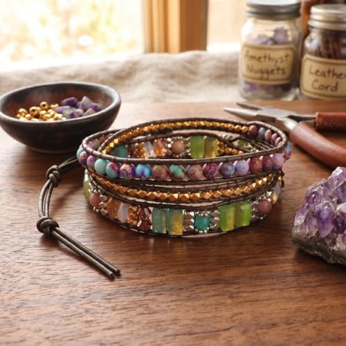 YGLINE Boho Handmade Wrap Leather Tube Crystal Stone Bracelet for Women - color: 3 wrap-mix stone